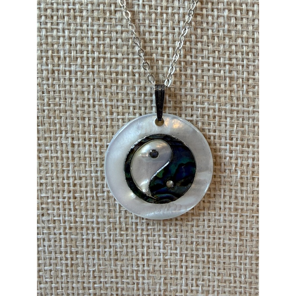 Sterling Silver Yin Yang Necklace Abalone Mother of Pearl Shell Pendant 20in